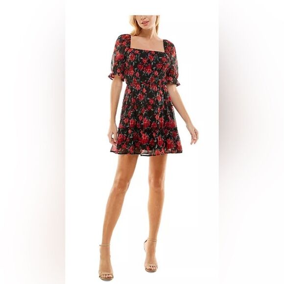 TRIXXI FLORAL RED and BLACK PUFF SLEEVE DRESS- Size MED-NWT - Picture 14 of 14